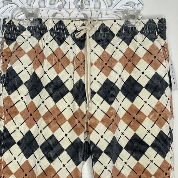 PACSUN size Slim MEDIUM Argyle Pattern Corduroy PANTS Elastic Waist TAN GRAY - Picture 6 of 16